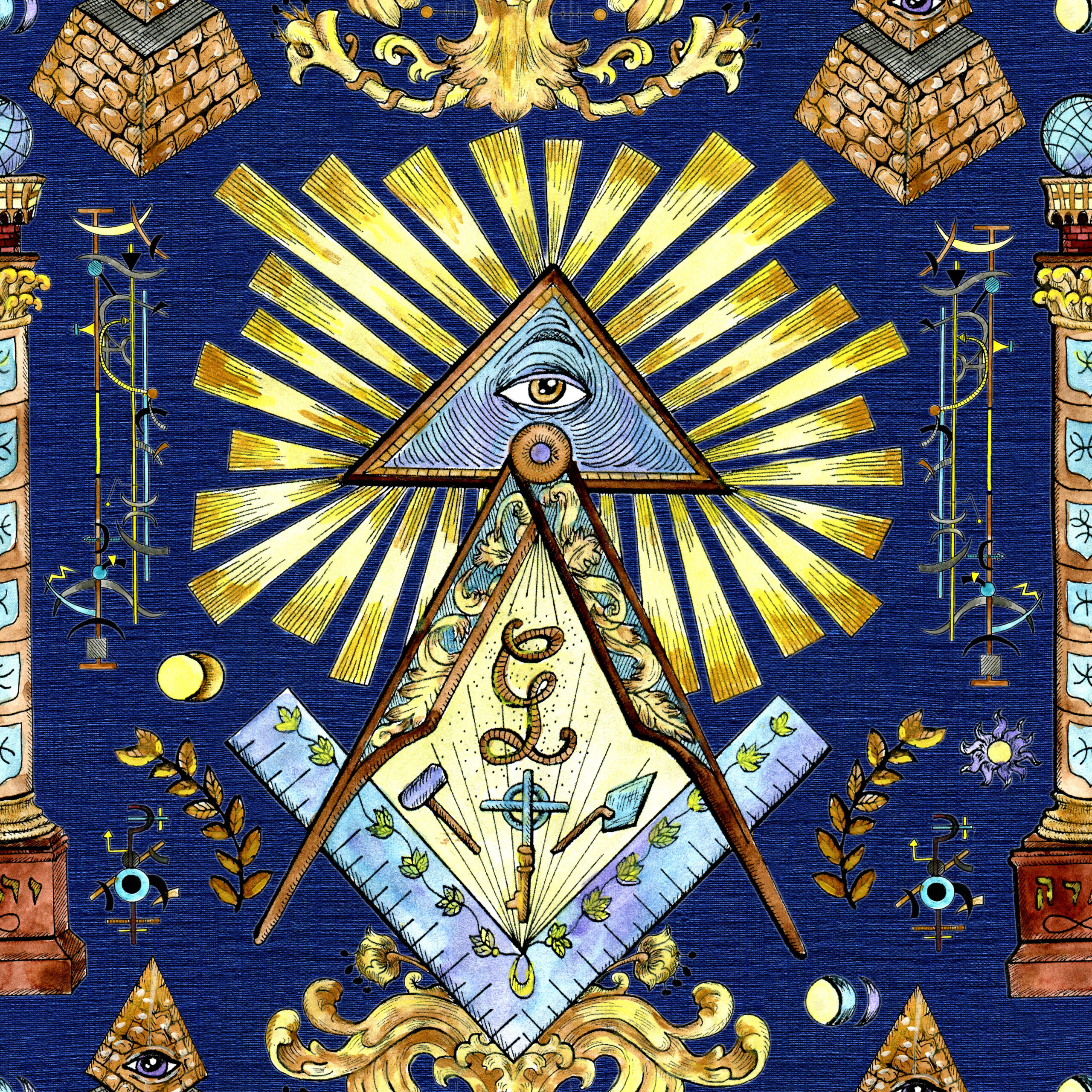 Seamless background with mason and mystic symbols on blue. Freemasonry and secret societies emblems, occult and spiritual mystic drawings. Tattoo fantasy design, new world order